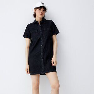 Organic Cotton Button-Down Mini Shirt Dress (Black)